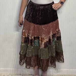 Rag Brown Velvet Tiered Boho Vintage Midi Skirt Sz M